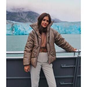 Nanushka Hide Puffer Jacket Brown Snakeskin Print Small $695